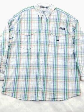 Columbia PFG Super Bonehead Shirt Mens XL Green Blue White Vented Fishing